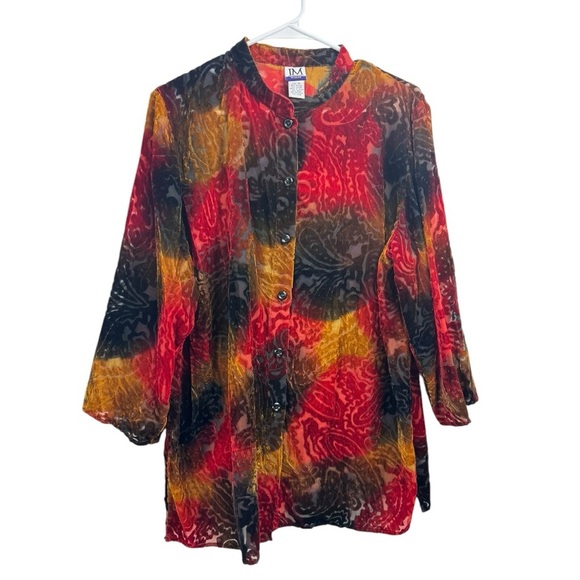 Vintage JM Collection Size 1X Rayon Velvet Burnout Button Front Artsy Top - Picture 1 of 5